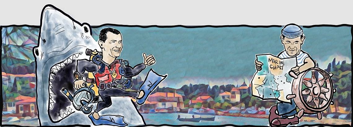 Caricature by Zoran Nikolic - Self portrait as scuba diver and sailor